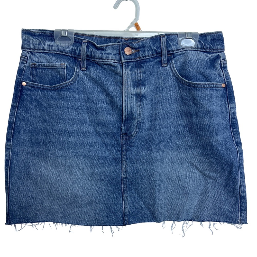 Express Blue Denim Mini Skirt High Rise Raw Hem‎ 12 Medium Wash Festival Sumer